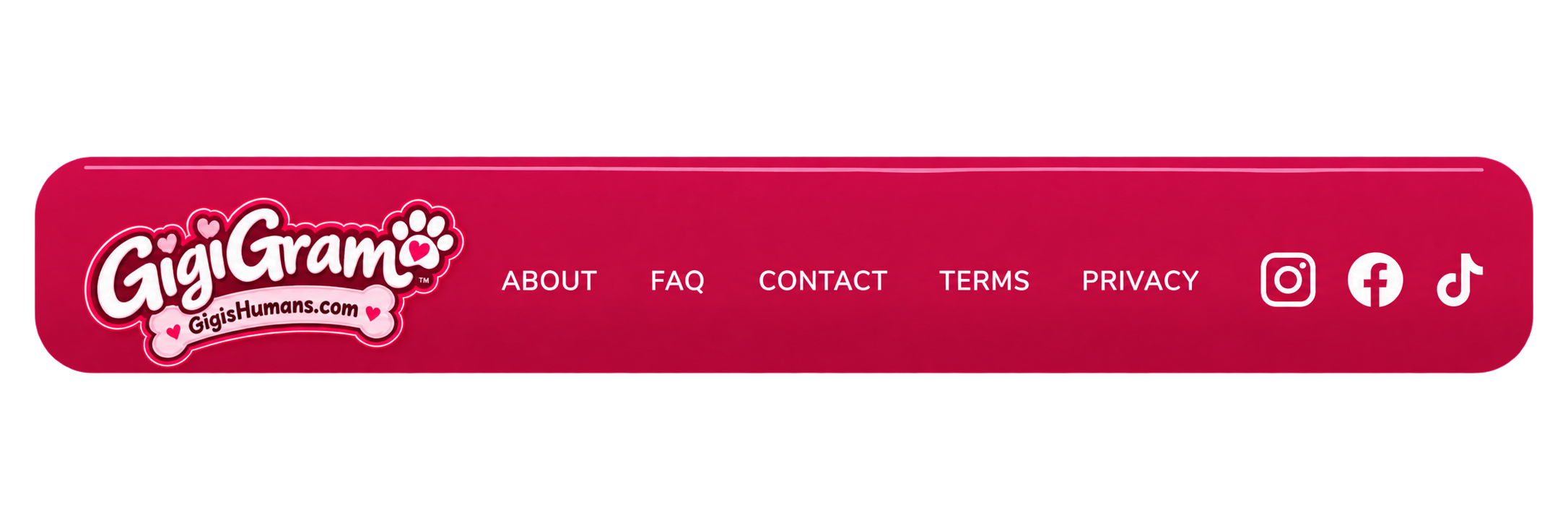 GigiGram footer with About, FAQ, Contact, Terms, Privacy and social links